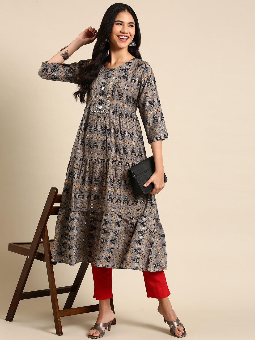 Women's Grey Printed Anarkali Kurta