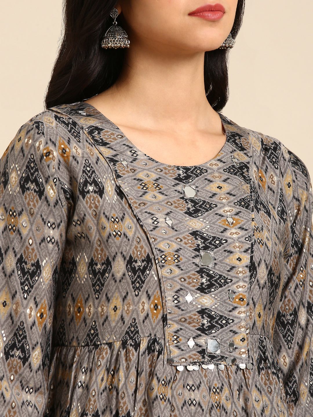 Women's Grey Printed Anarkali Kurta