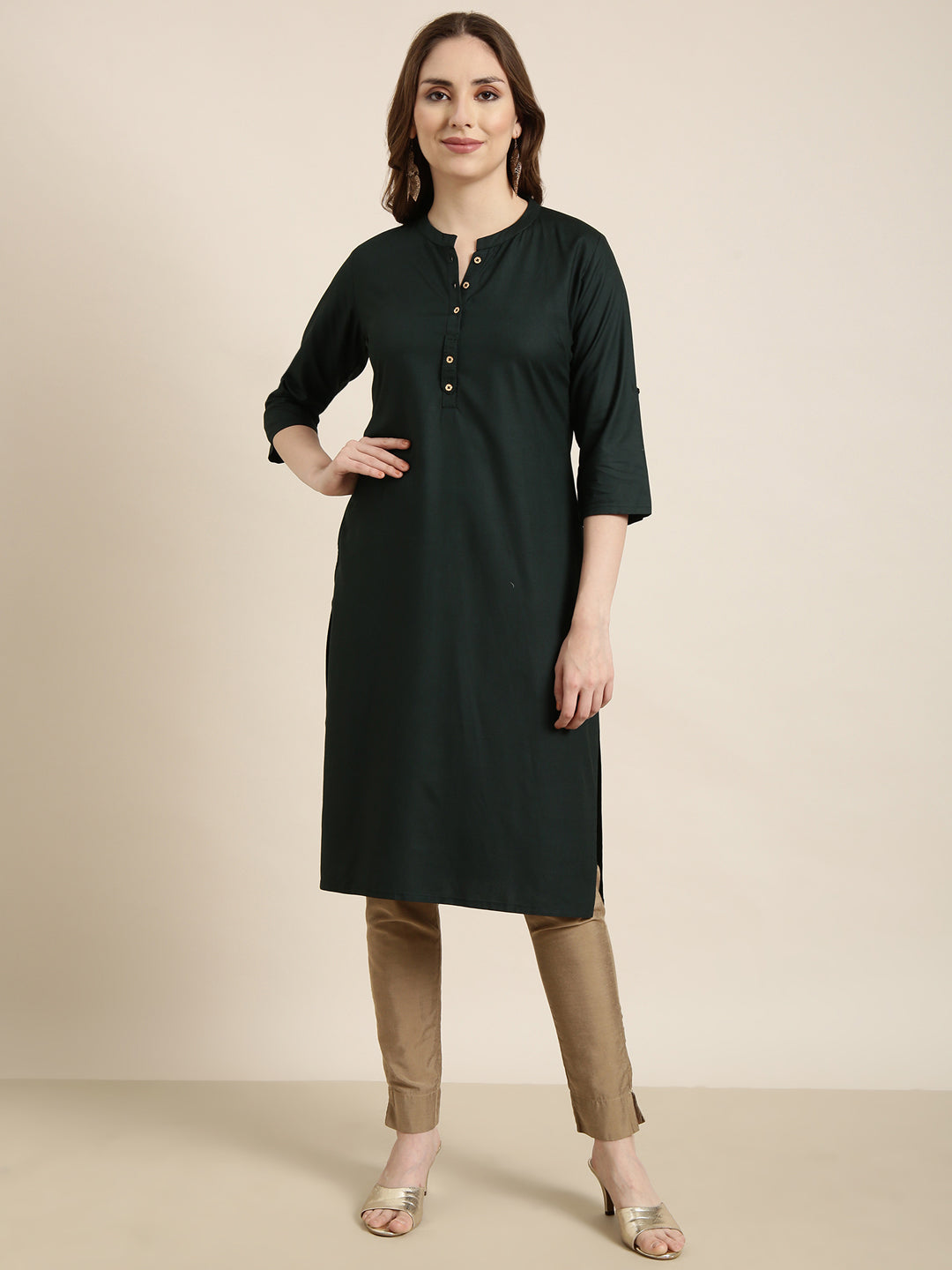 Women Straight Green Solid Kurta