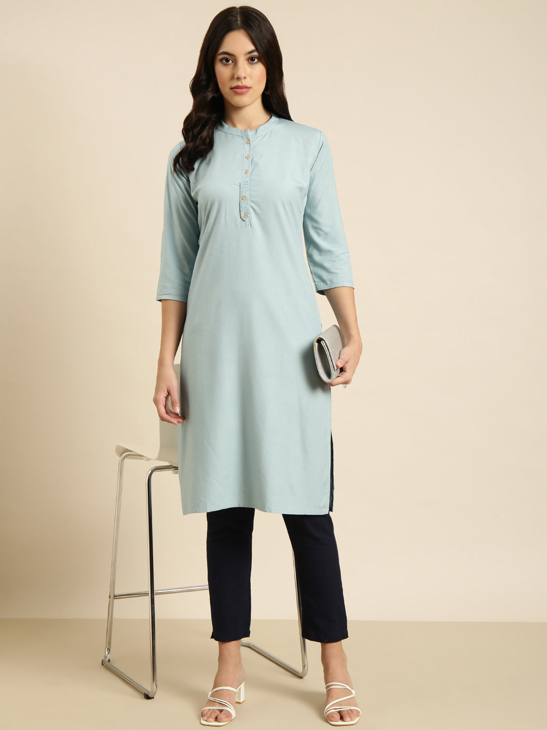 Women Straight Blue Solid Kurta