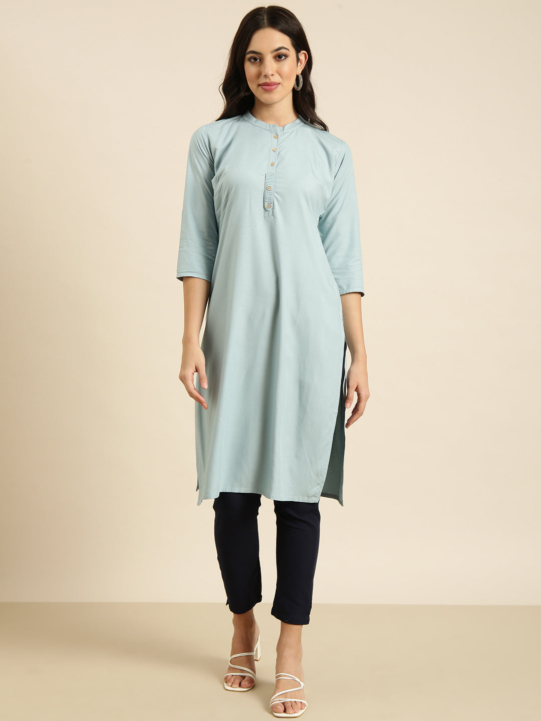 Women Straight Blue Solid Kurta