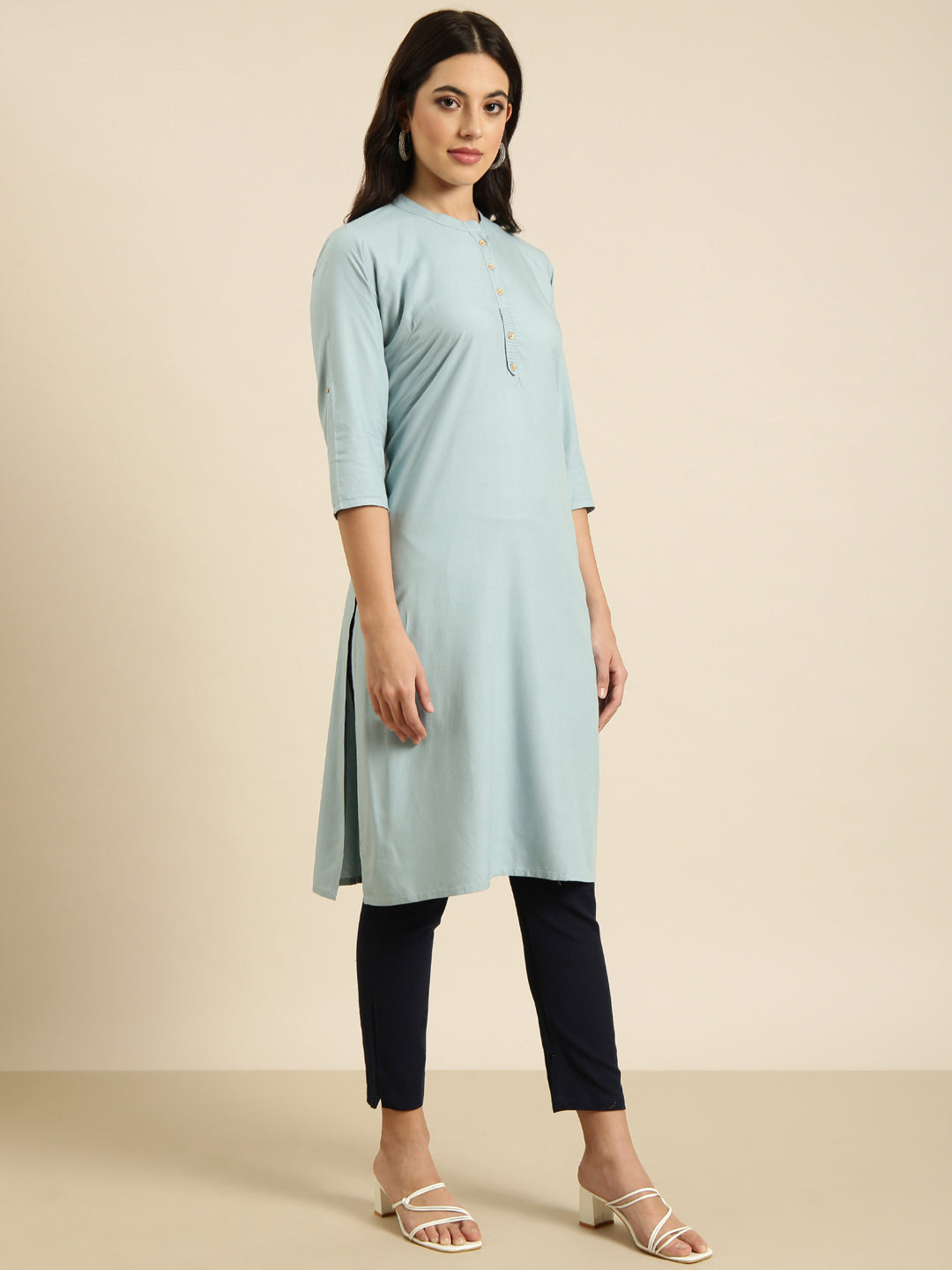 Women Straight Blue Solid Kurta