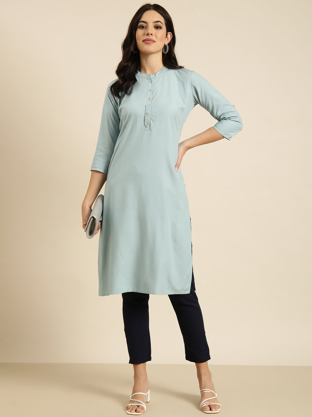 Women Straight Blue Solid Kurta