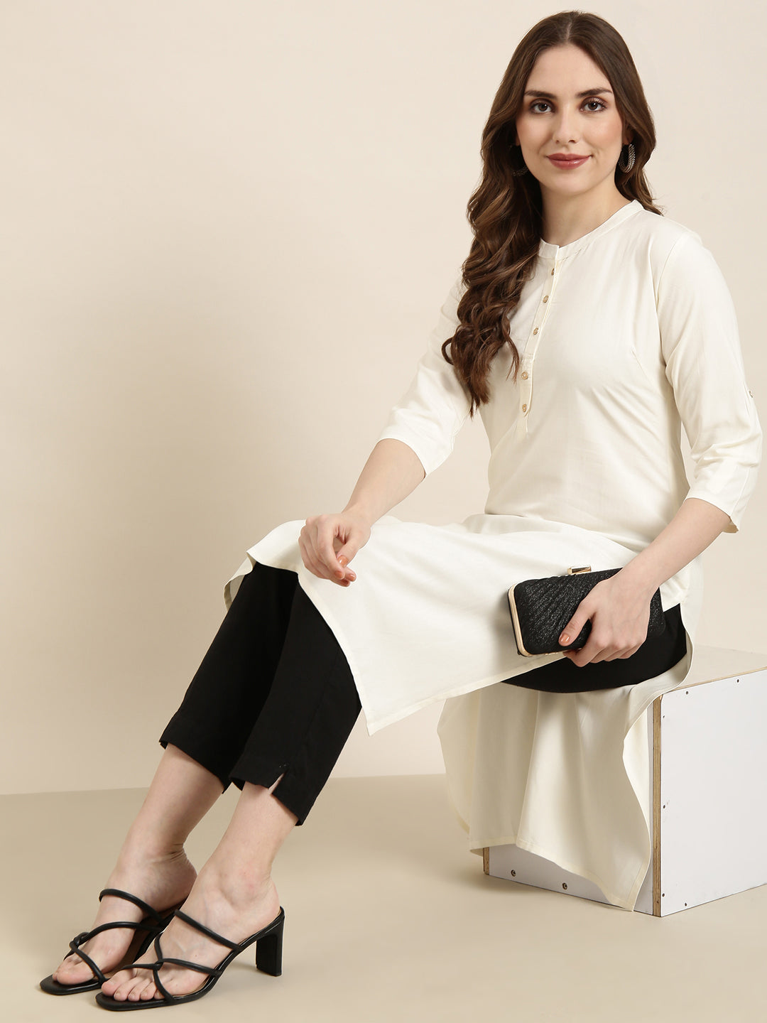 Women Straight Cream Solid Kurta