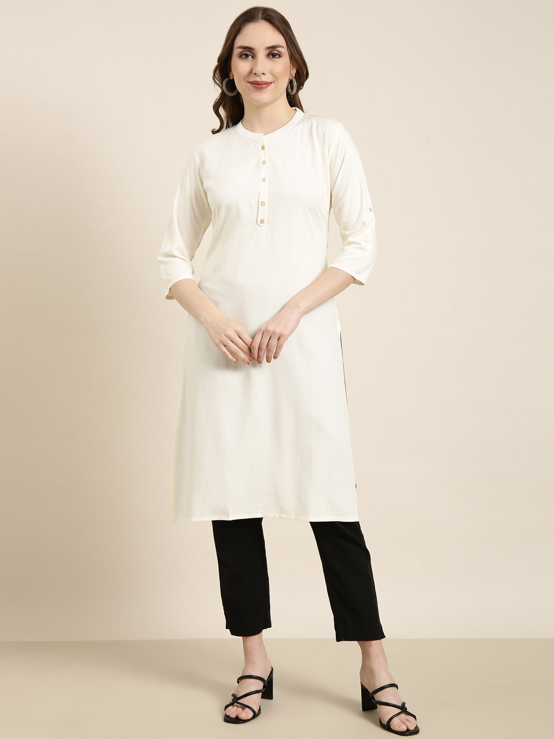 Women Straight Cream Solid Kurta