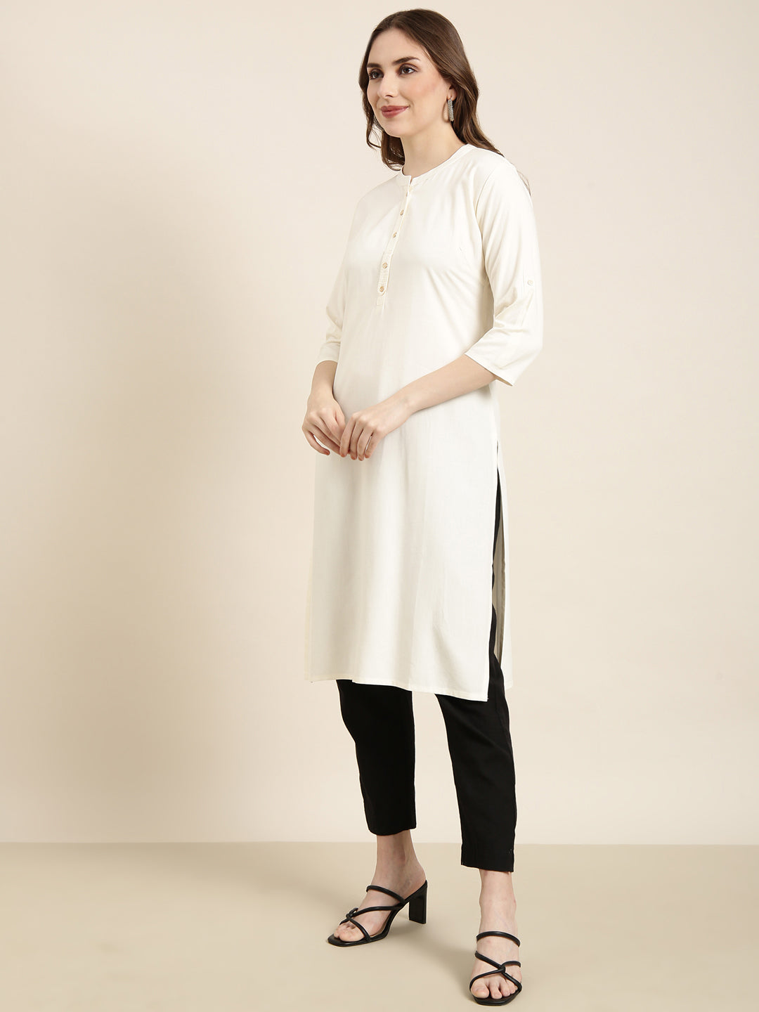 Women Straight Cream Solid Kurta