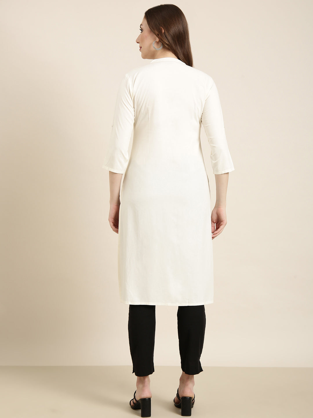 Women Straight Cream Solid Kurta