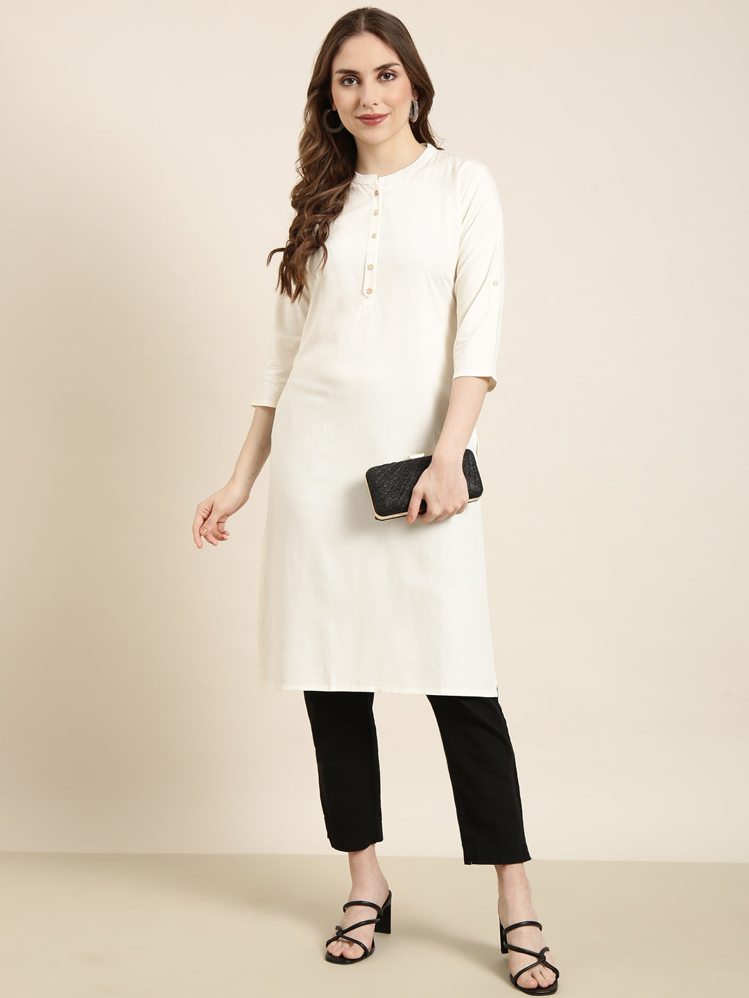 Women Straight Cream Solid Kurta