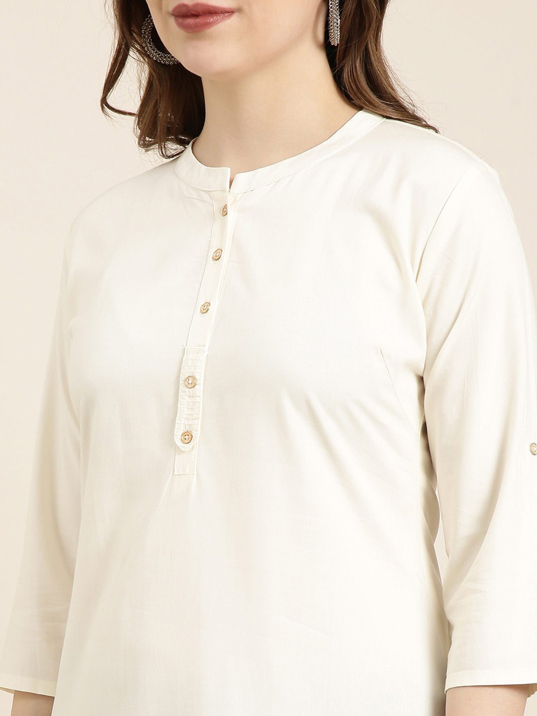 Women Straight Cream Solid Kurta