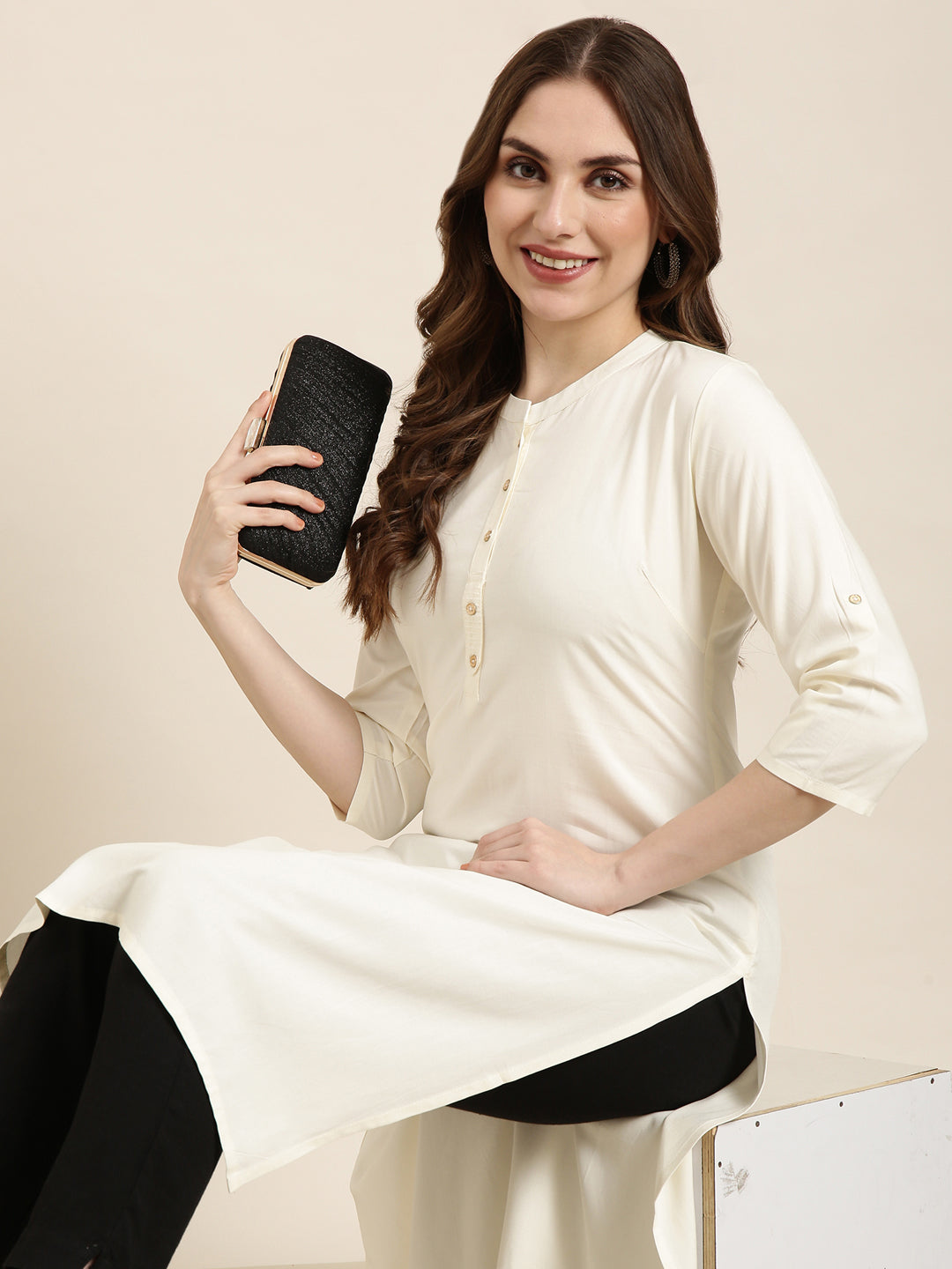 Women Straight Cream Solid Kurta