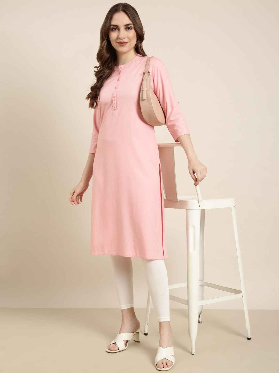 Women Straight Pink Solid Kurta