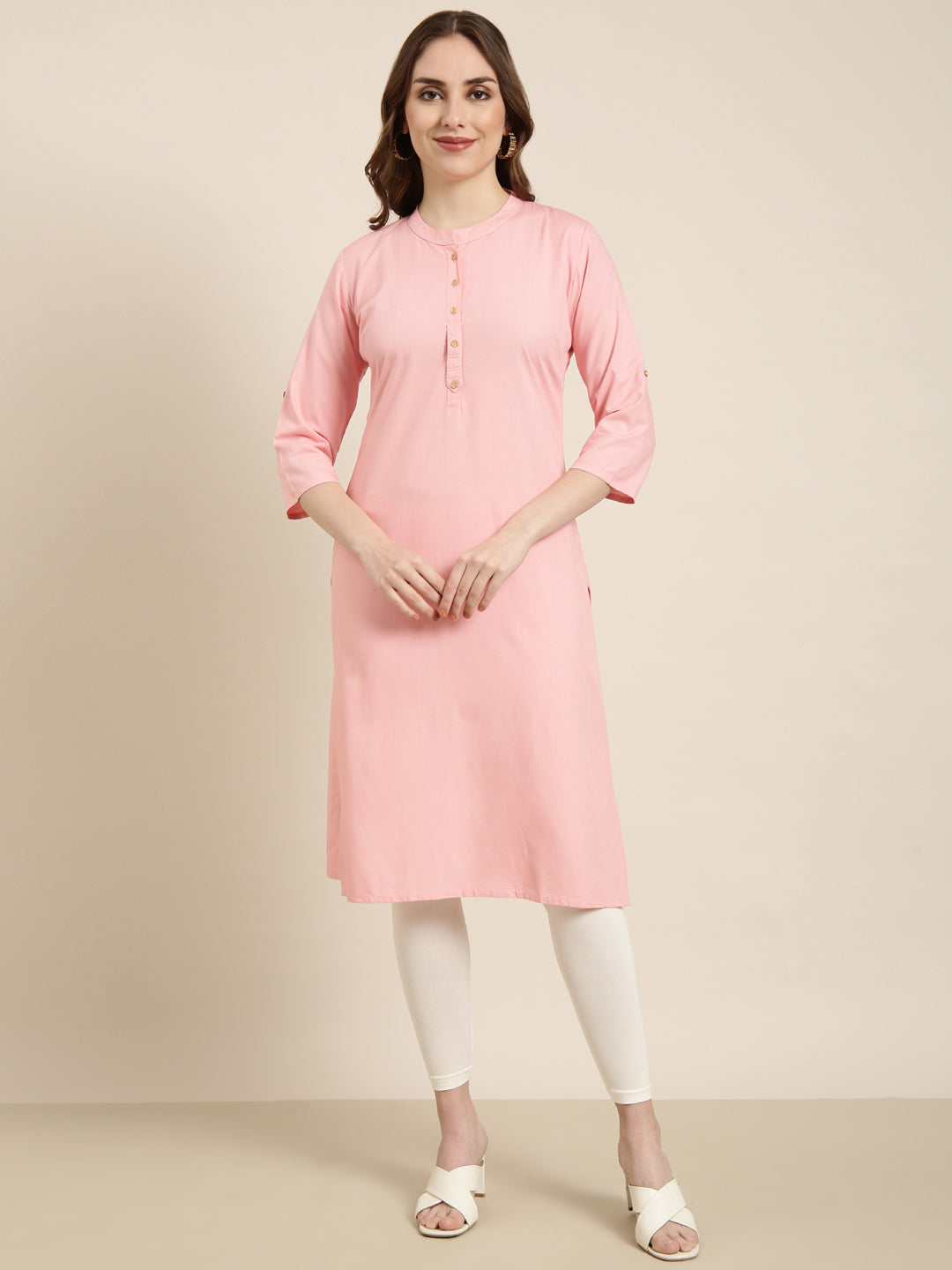 Women Straight Pink Solid Kurta