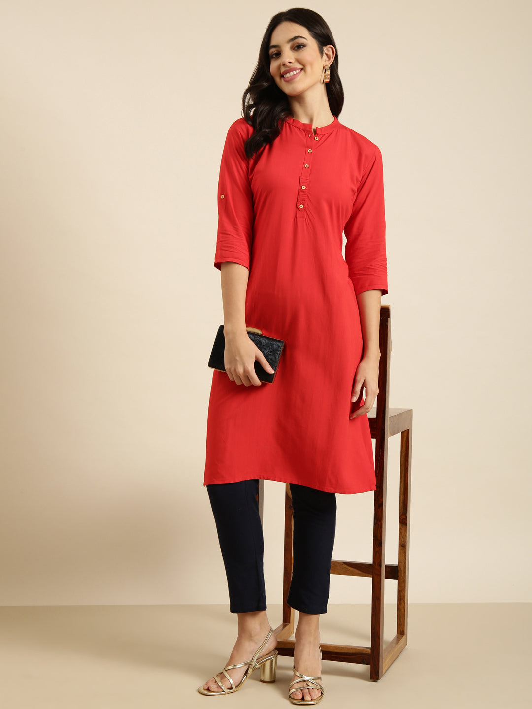 Women Straight Red Solid Kurta