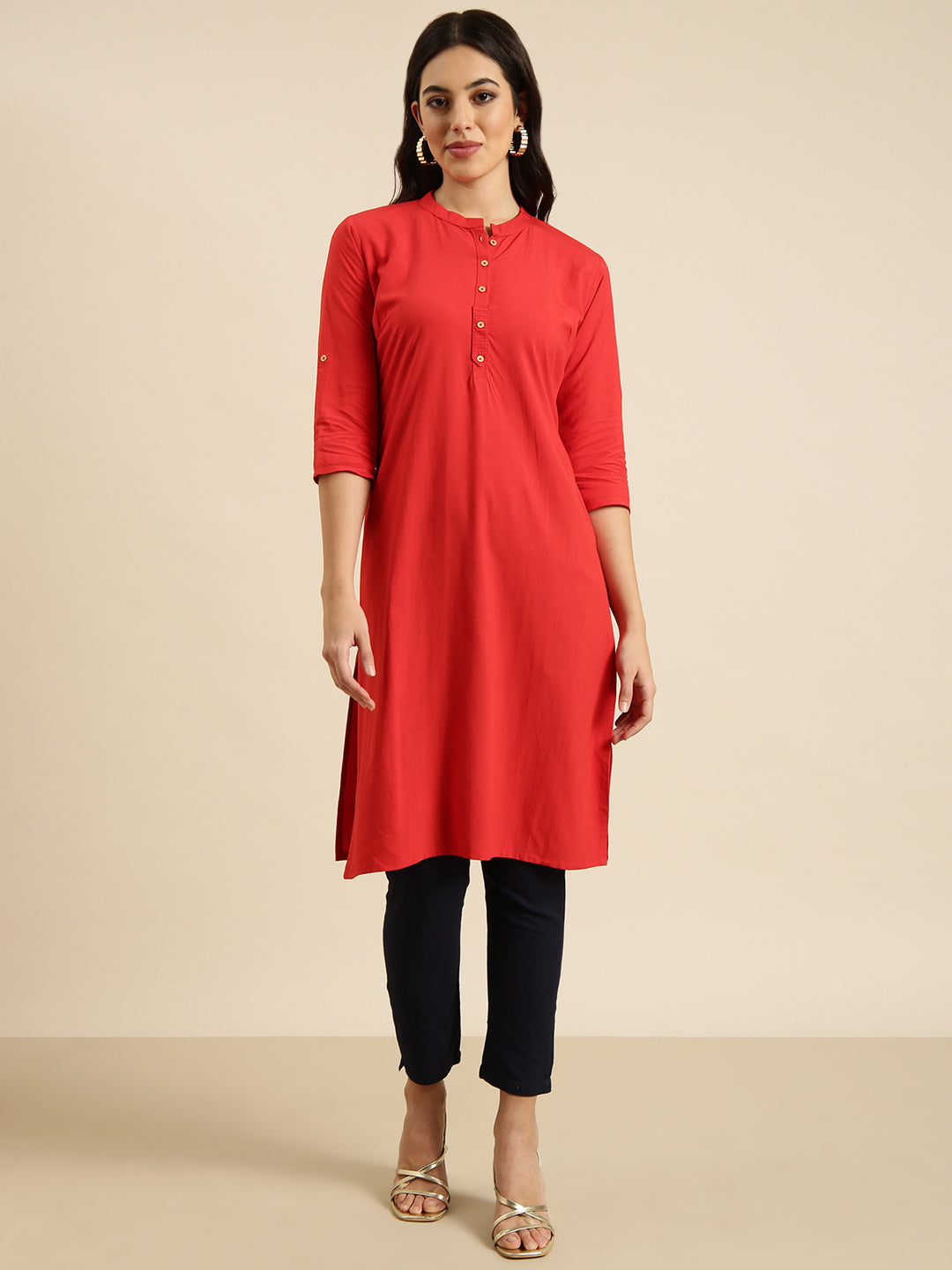 Women Straight Red Solid Kurta