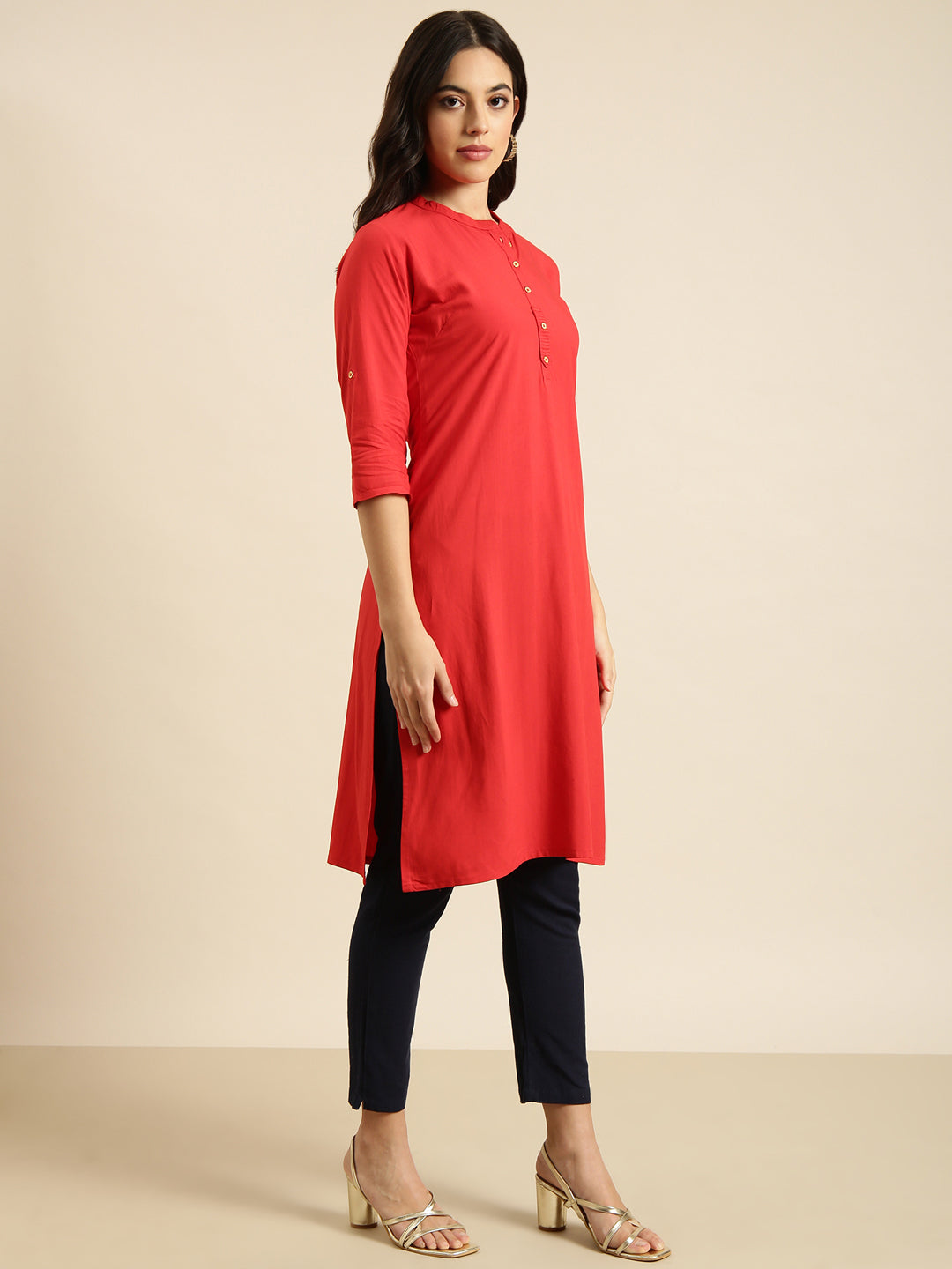 Women Straight Red Solid Kurta