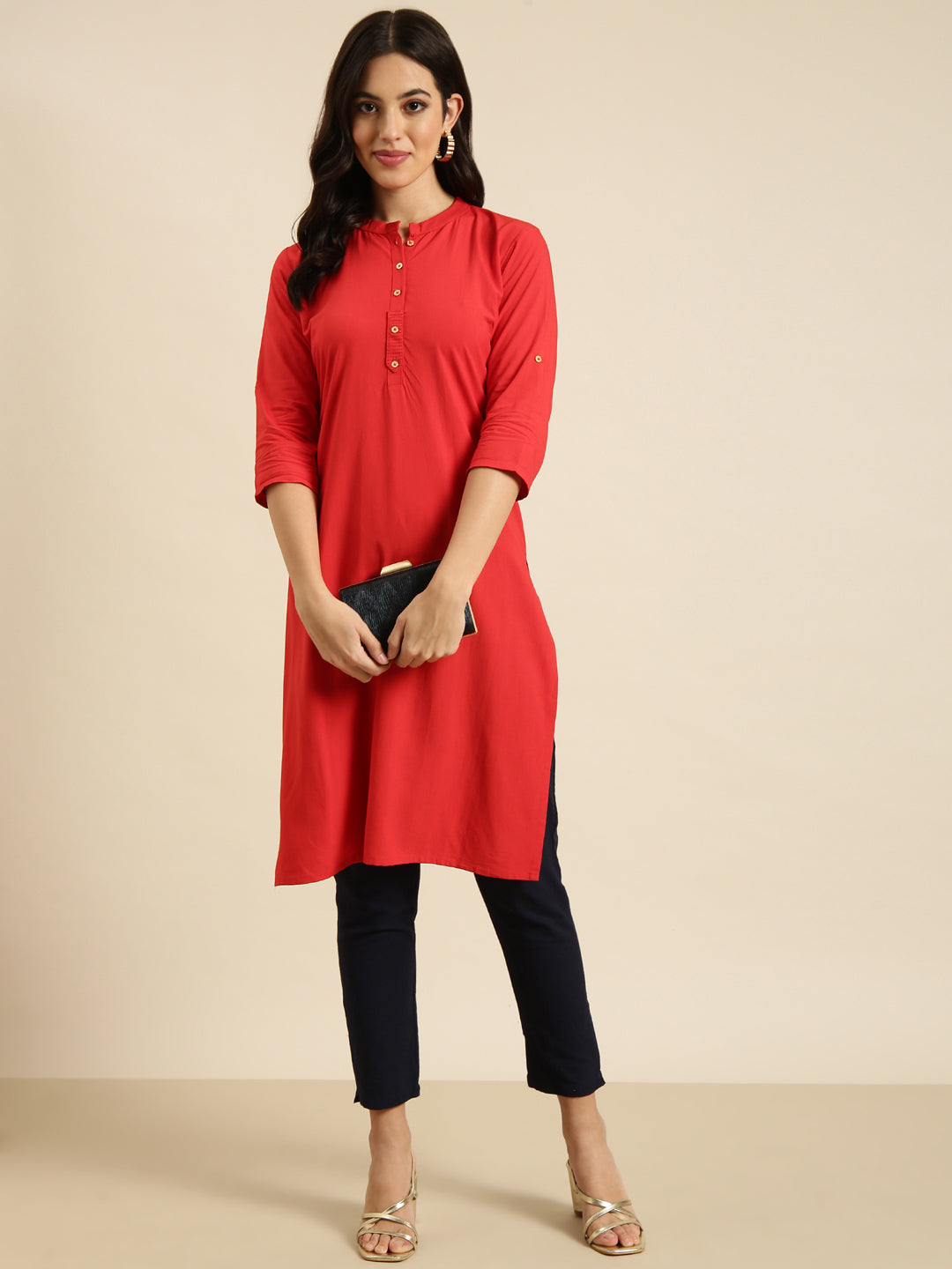 Women Straight Red Solid Kurta