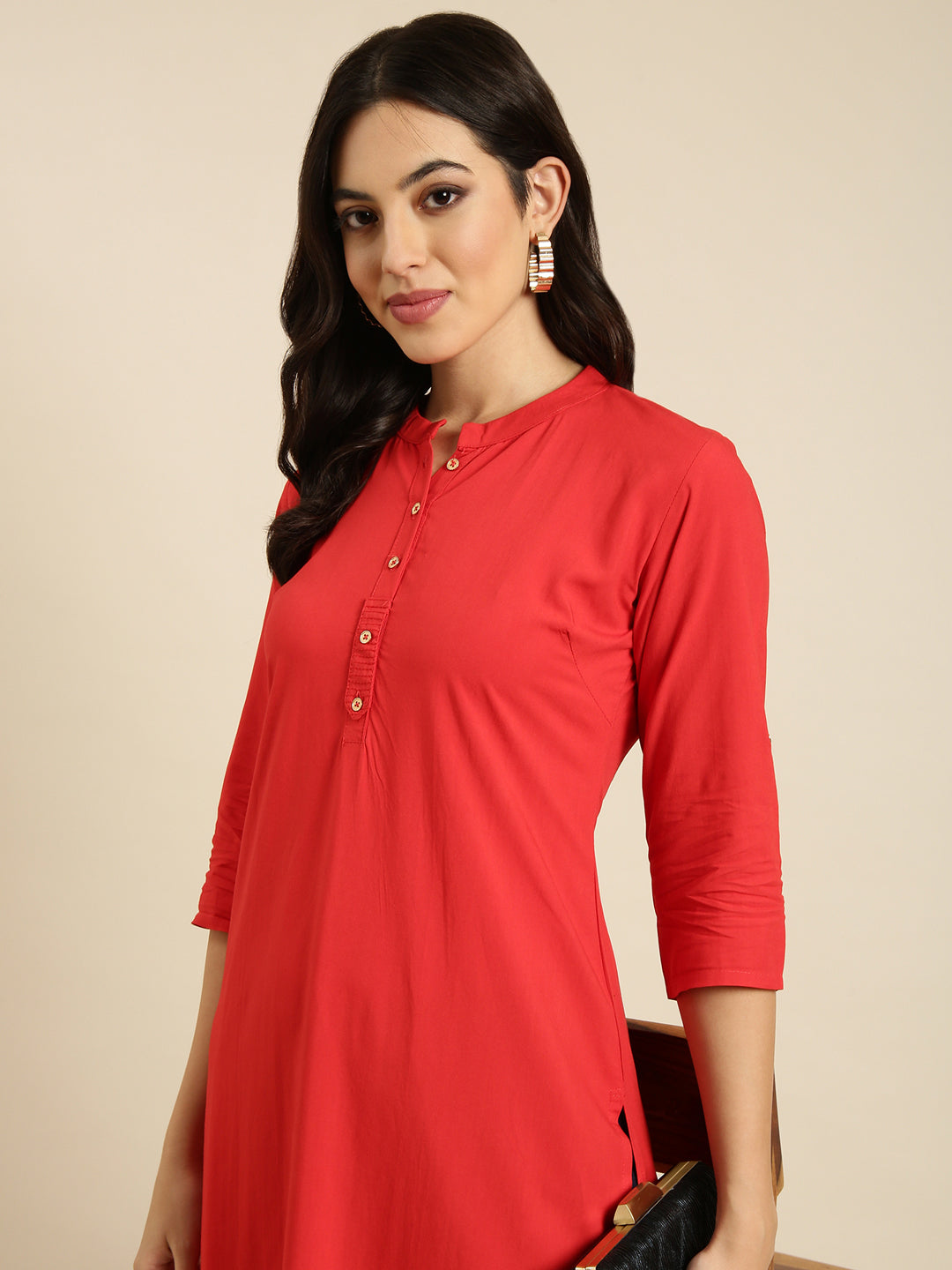 Women Straight Red Solid Kurta