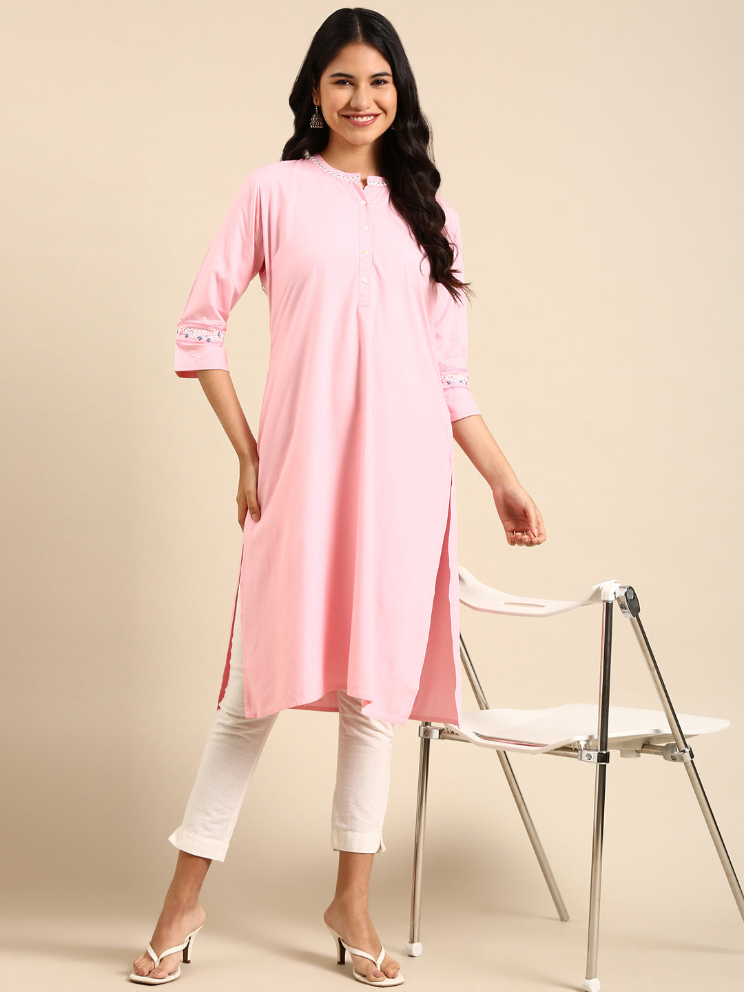 Women's Pink Printed Straight Kurta