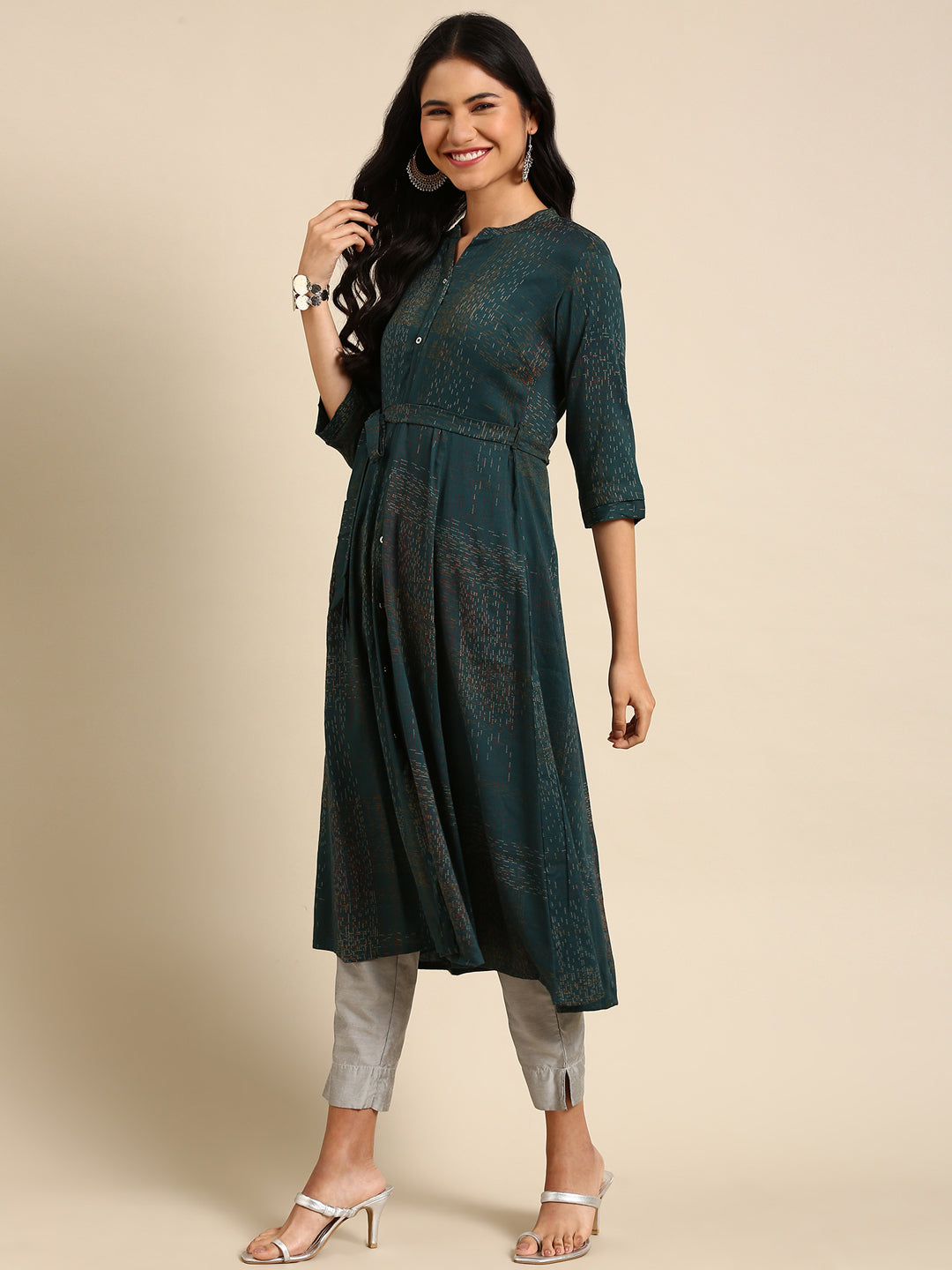 Women's Teal Printed Anarkali Kurta