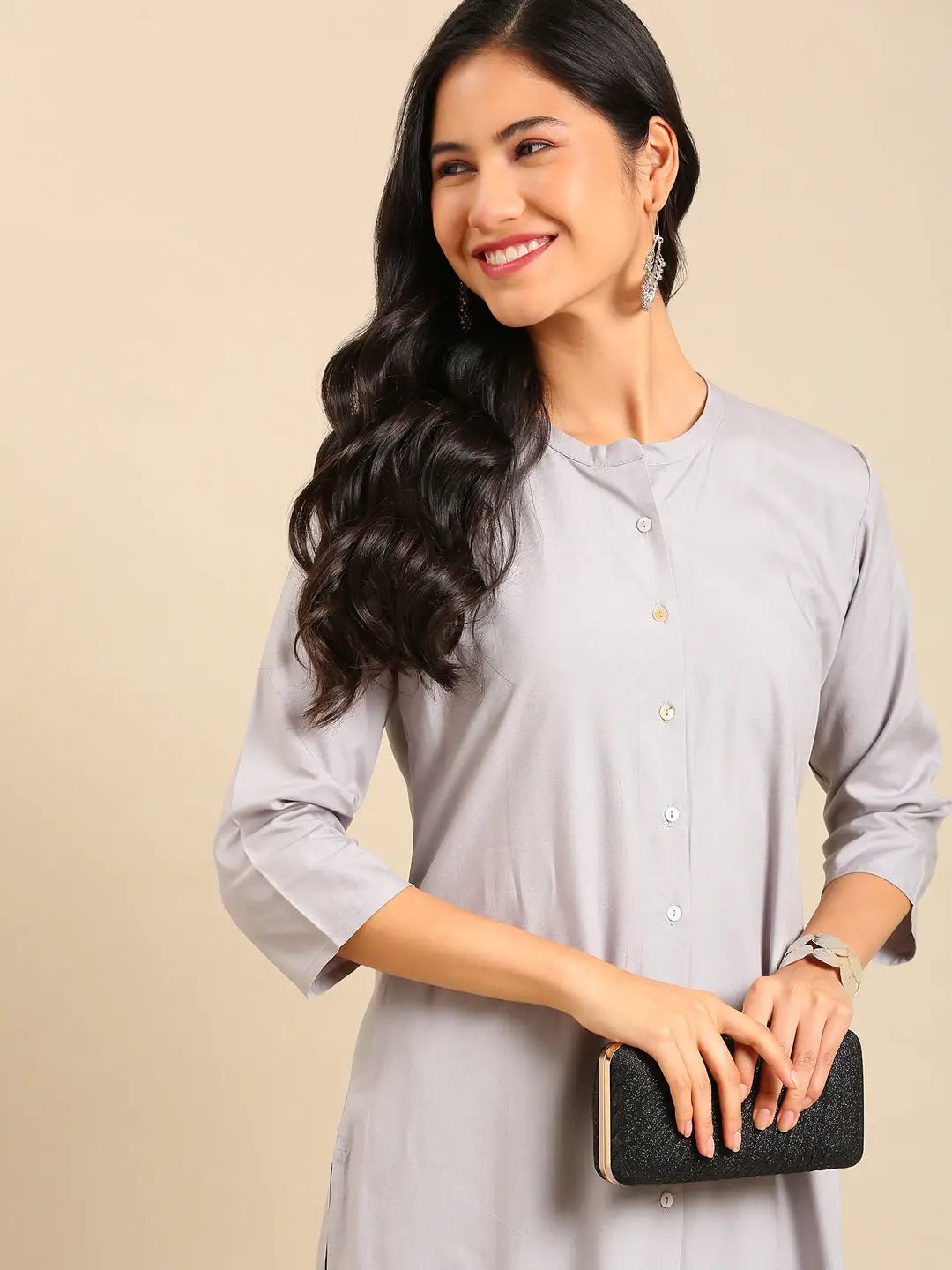Women's Grey Solid Straight Kurta
