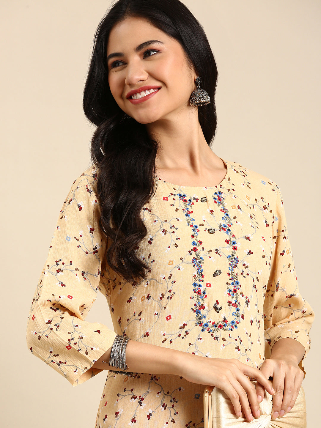 Women's Beige Printed Straight Kurta