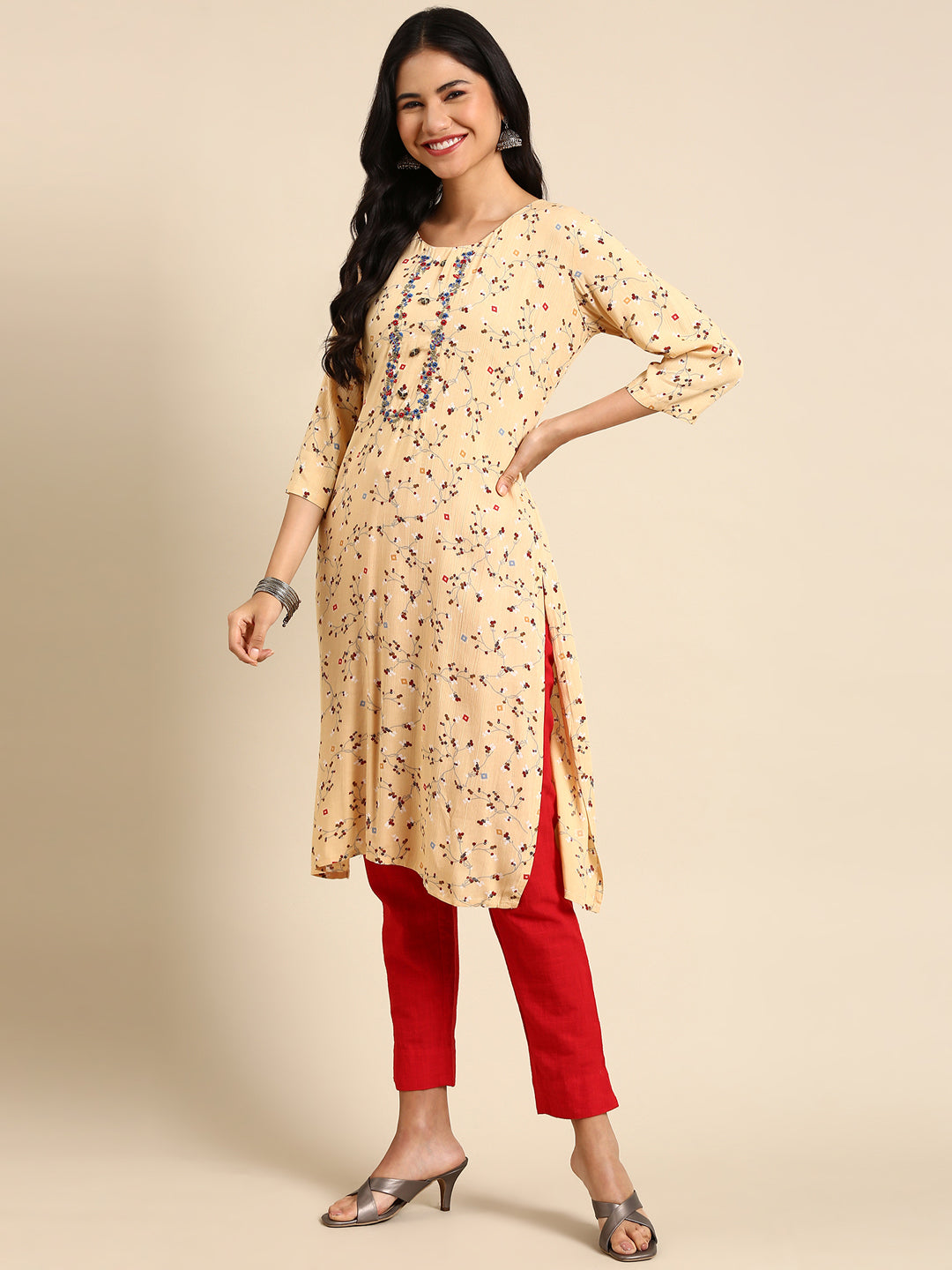 Women's Beige Printed Straight Kurta