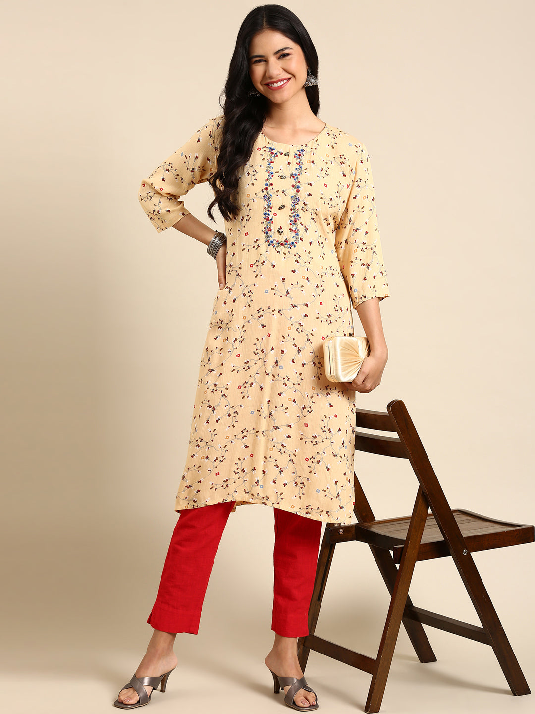 Women's Beige Printed Straight Kurta