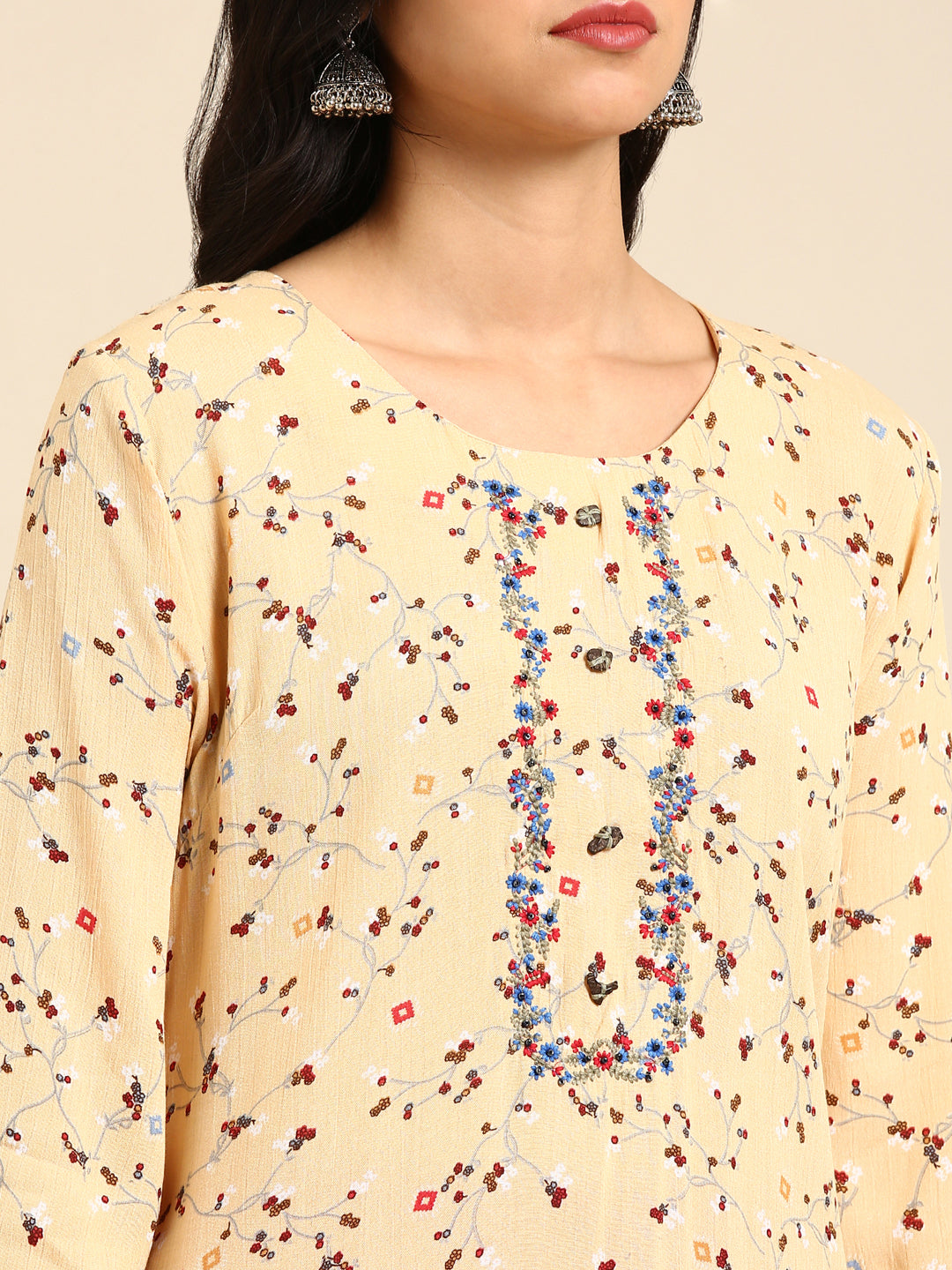 Women's Beige Printed Straight Kurta