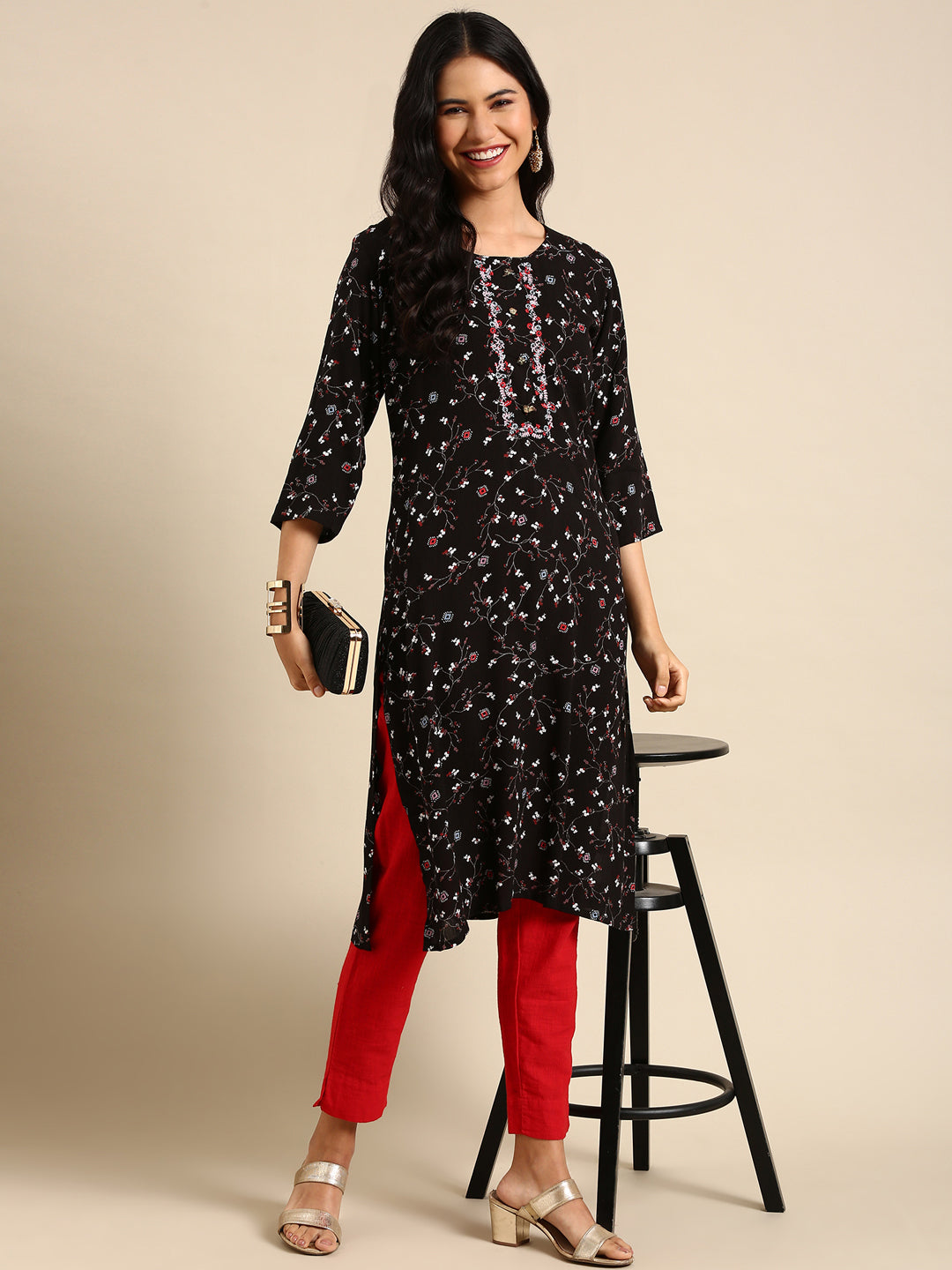 Women's Black Printed Straight Kurta