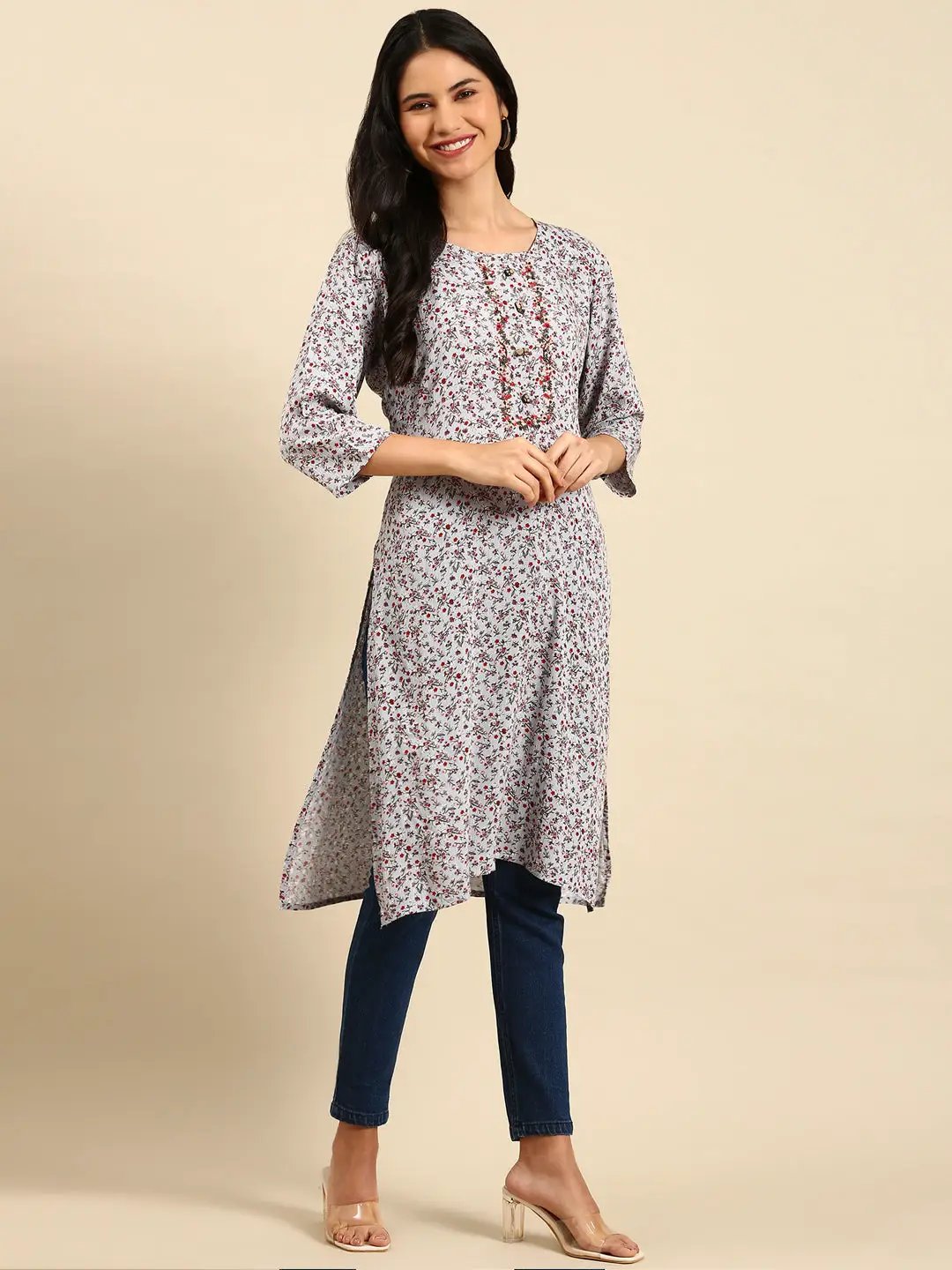 Women's Blue Printed Straight Kurta