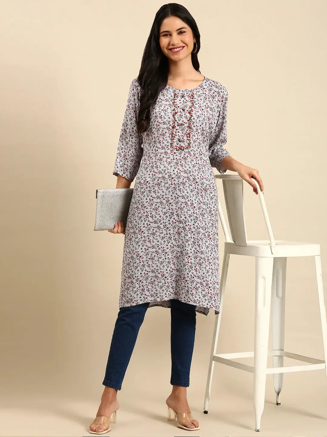 Women's Blue Printed Straight Kurta