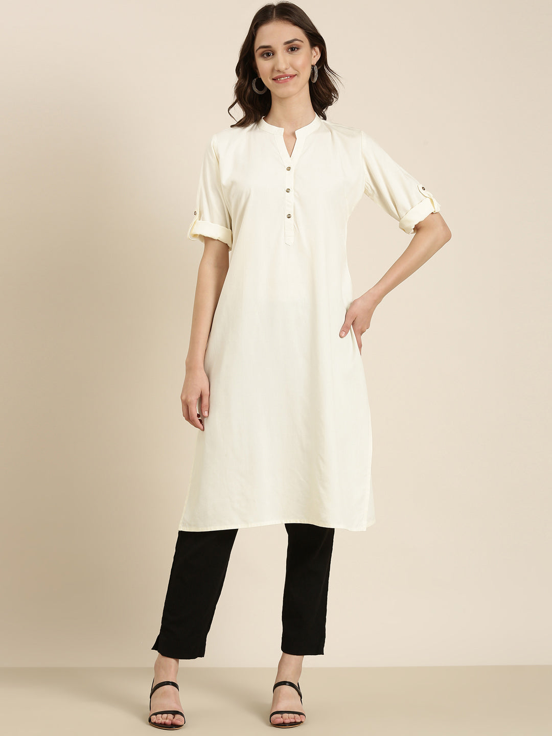 Women Cream Solid Straight Kurta