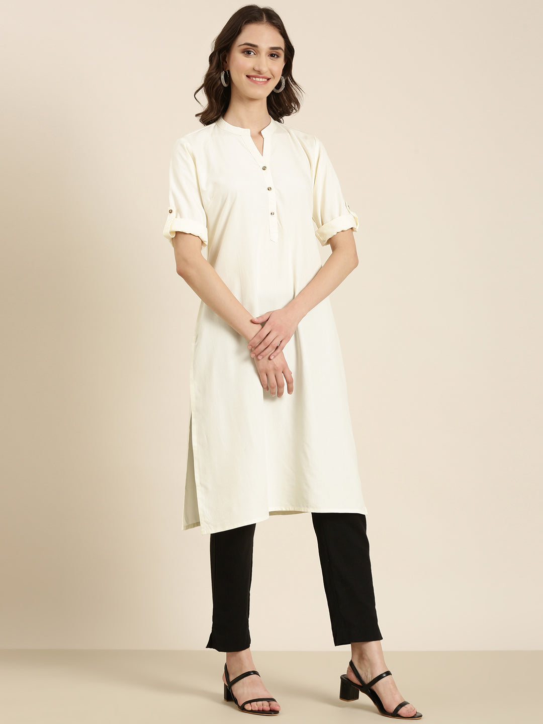 Women Cream Solid Straight Kurta