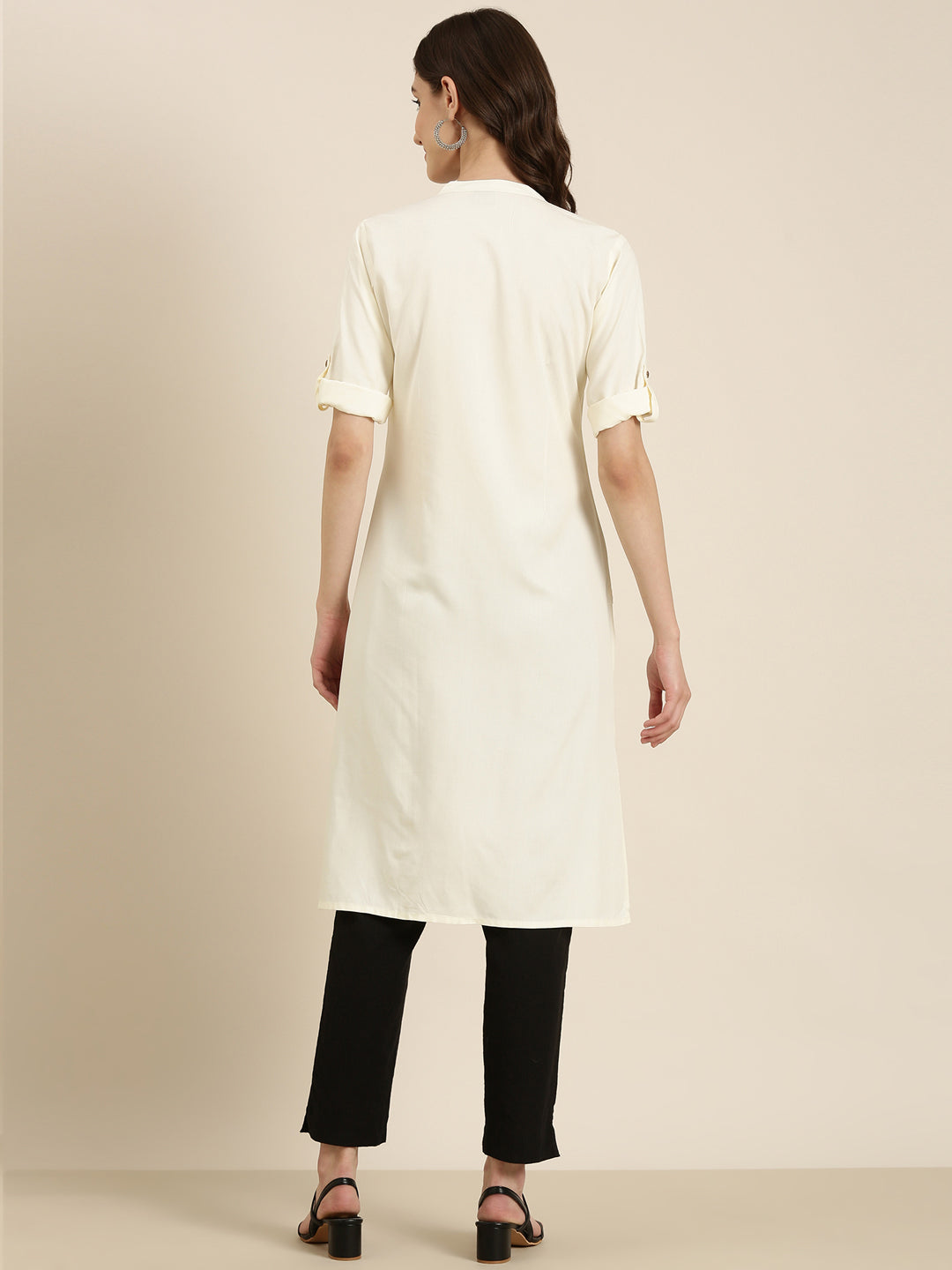 Women Cream Solid Straight Kurta