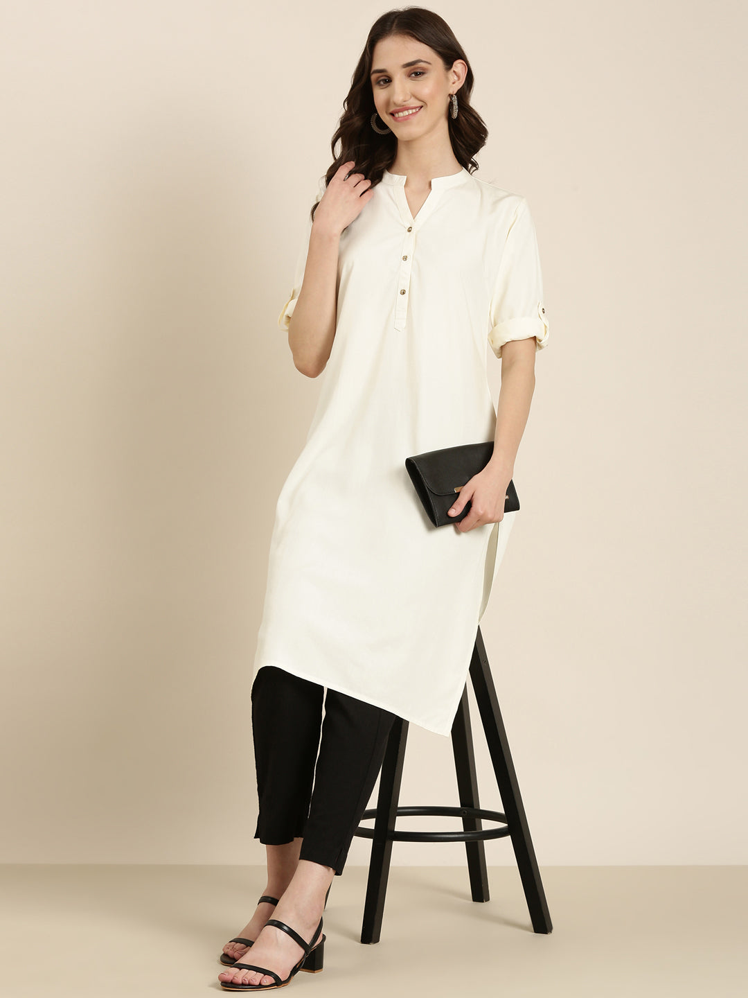 Women Cream Solid Straight Kurta