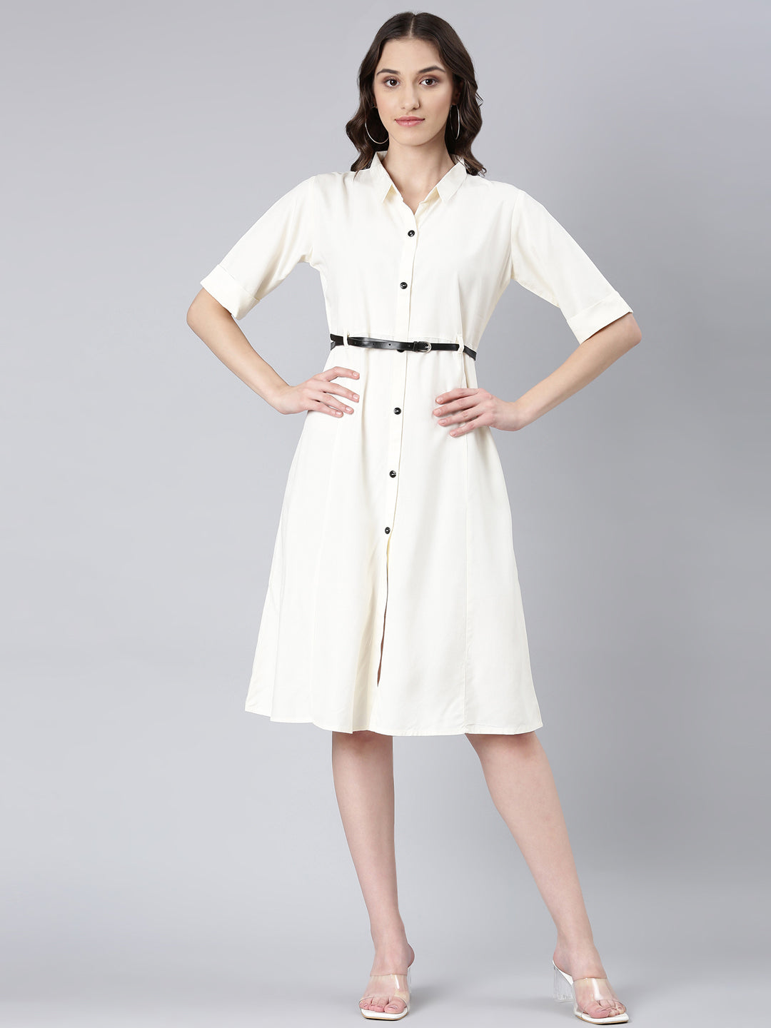 Women Cream Solid Shirt Dress