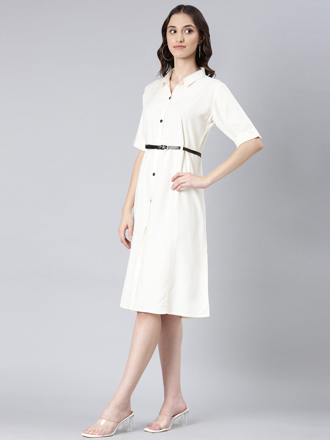 Women Cream Solid Shirt Dress