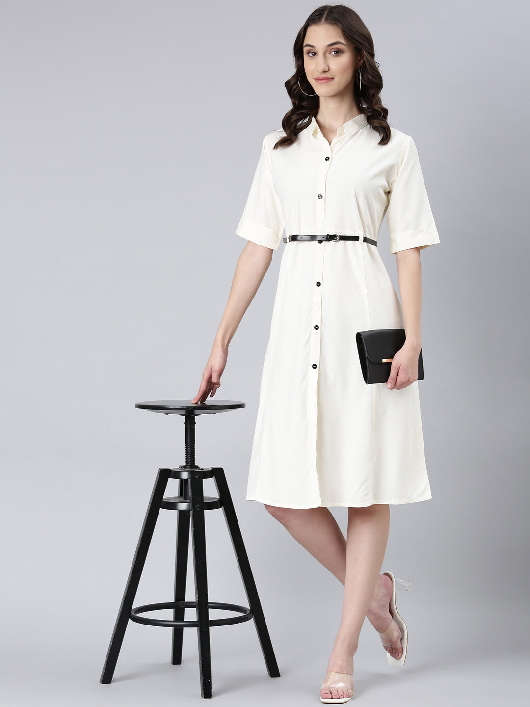 Women Cream Solid Shirt Dress