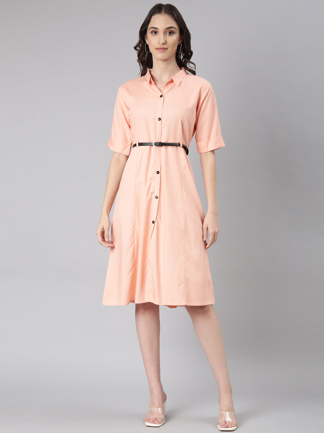 Women Peach Solid Shirt Dress