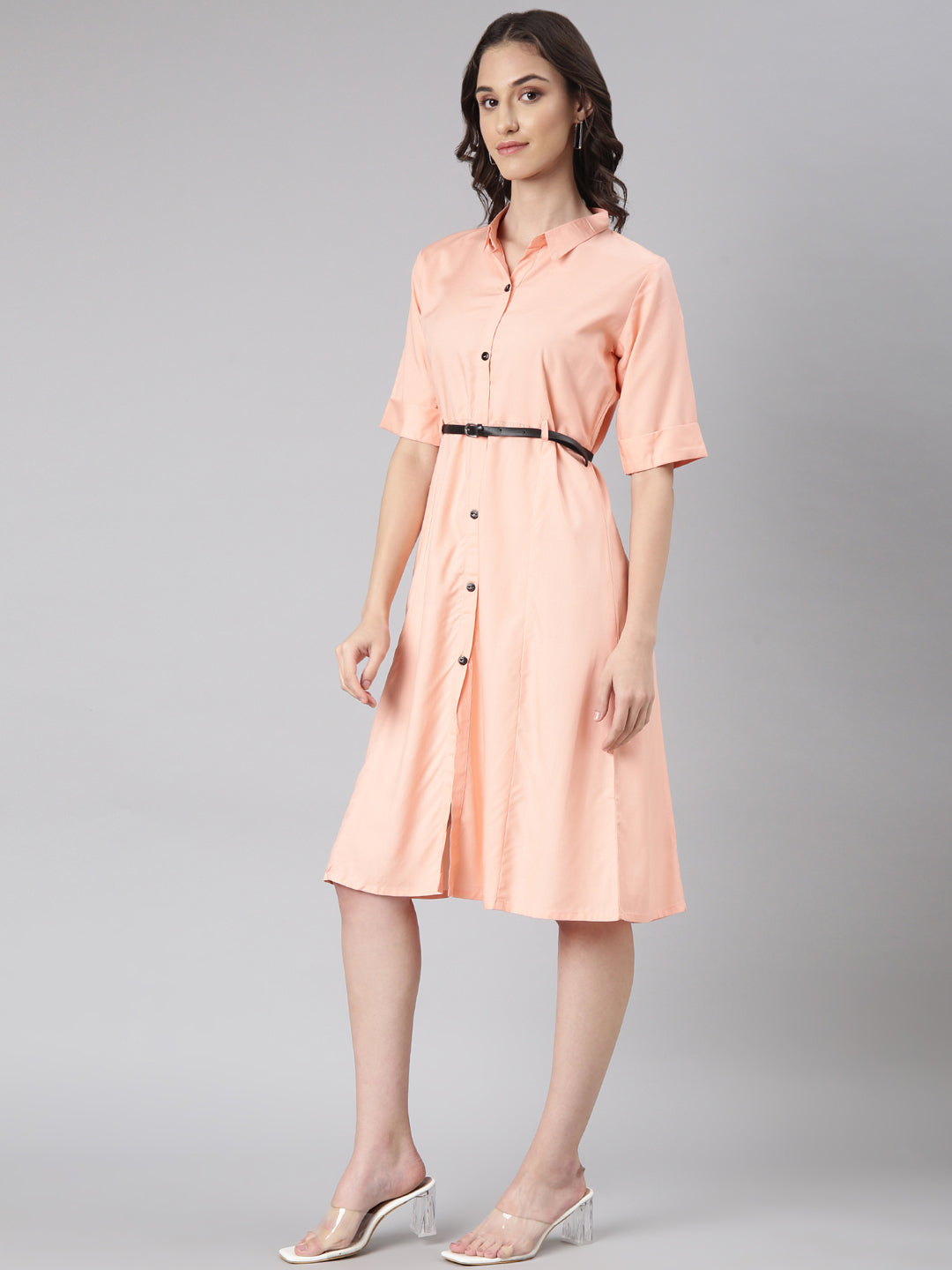 Women Peach Solid Shirt Dress