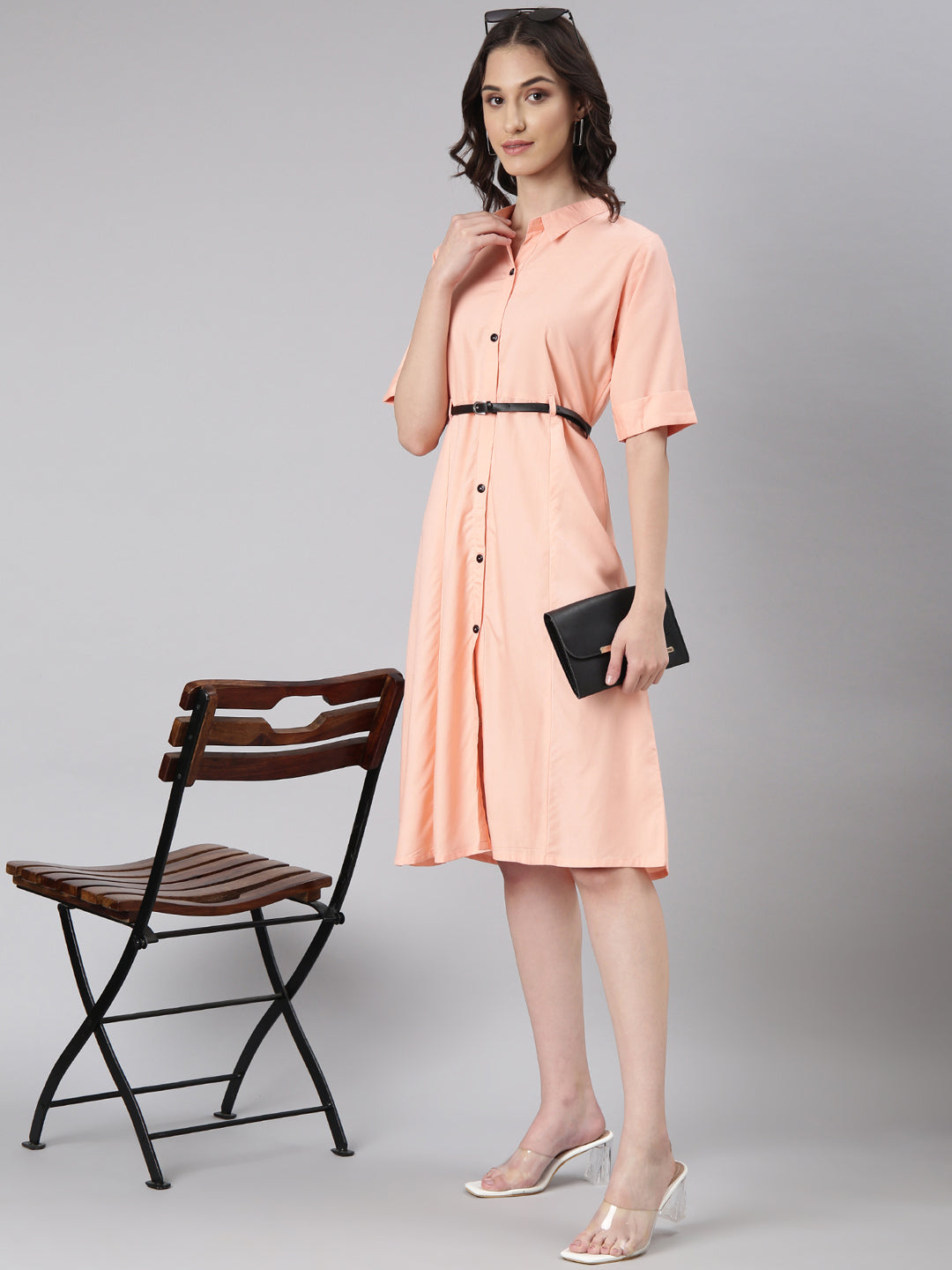 Women Peach Solid Shirt Dress