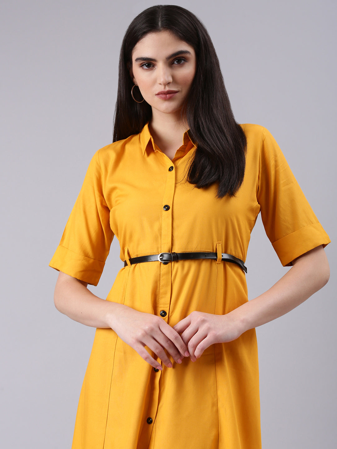 Women Yellow Solid Shirt Dress