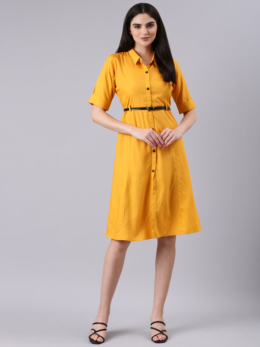 Women Yellow Solid Shirt Dress