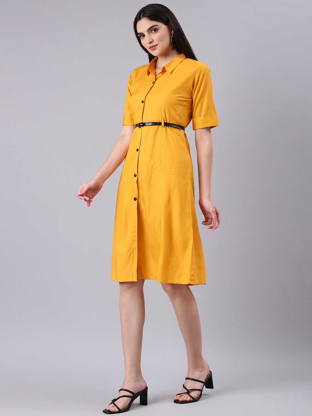 Women Yellow Solid Shirt Dress