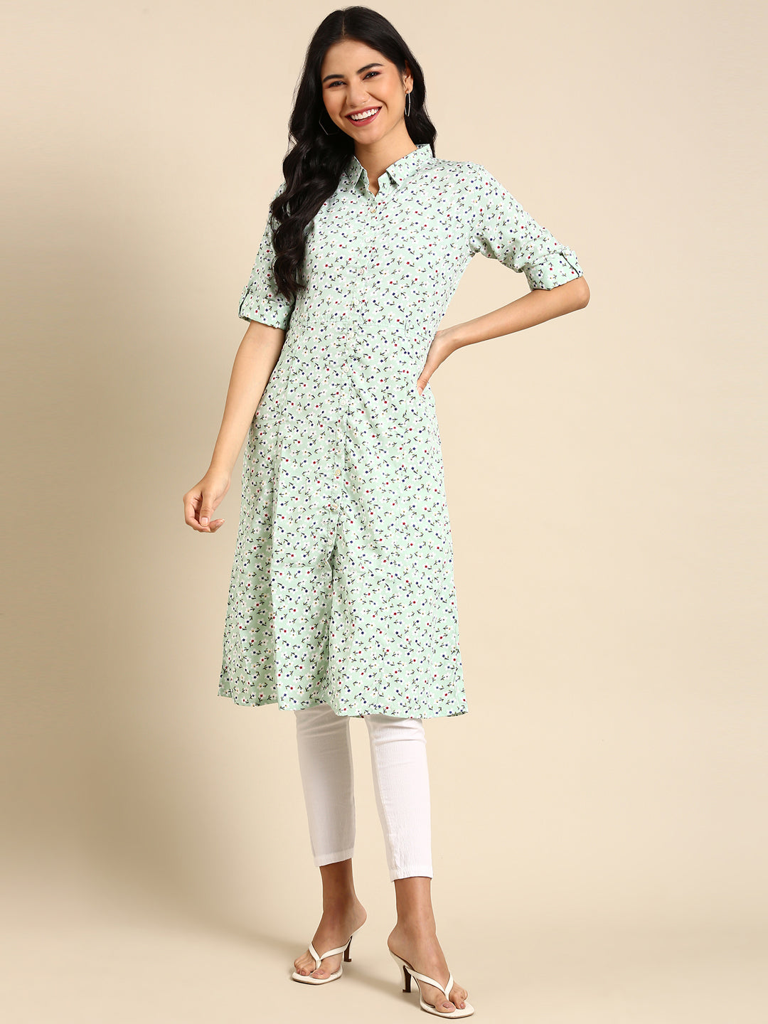 Women's Green Printed A-Line Kurta