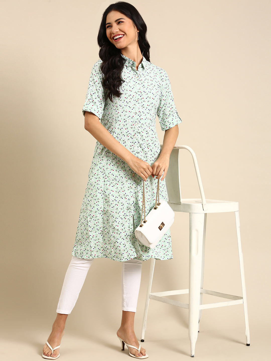 Women's Green Printed A-Line Kurta