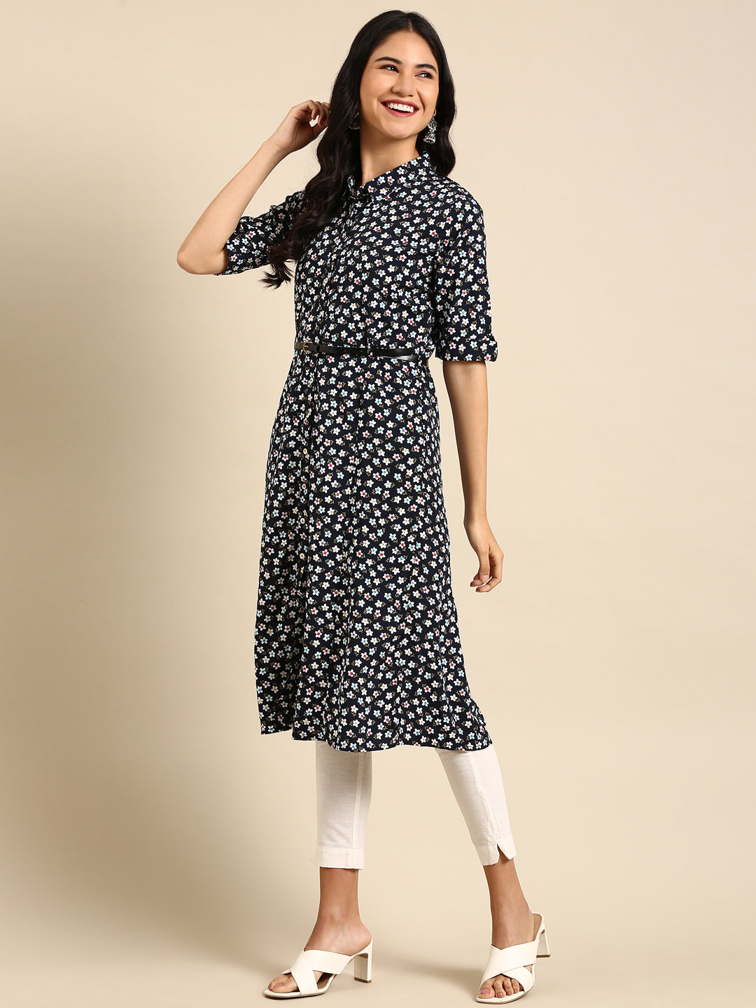 Women's Navy Blue Printed A-Line Kurta