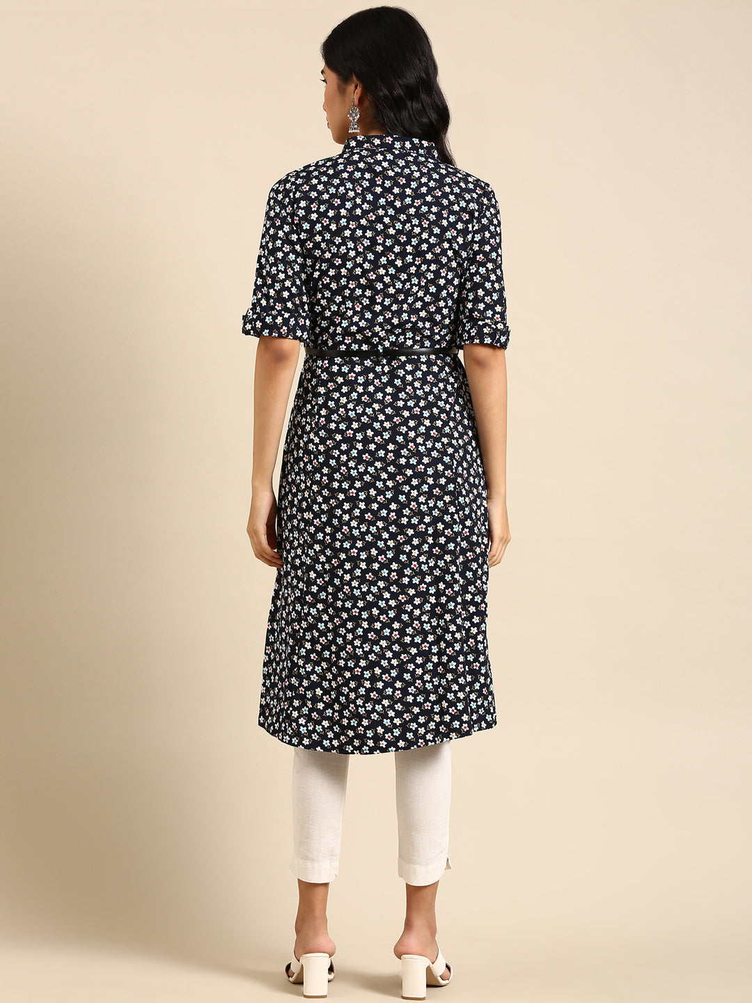 Women's Navy Blue Printed A-Line Kurta