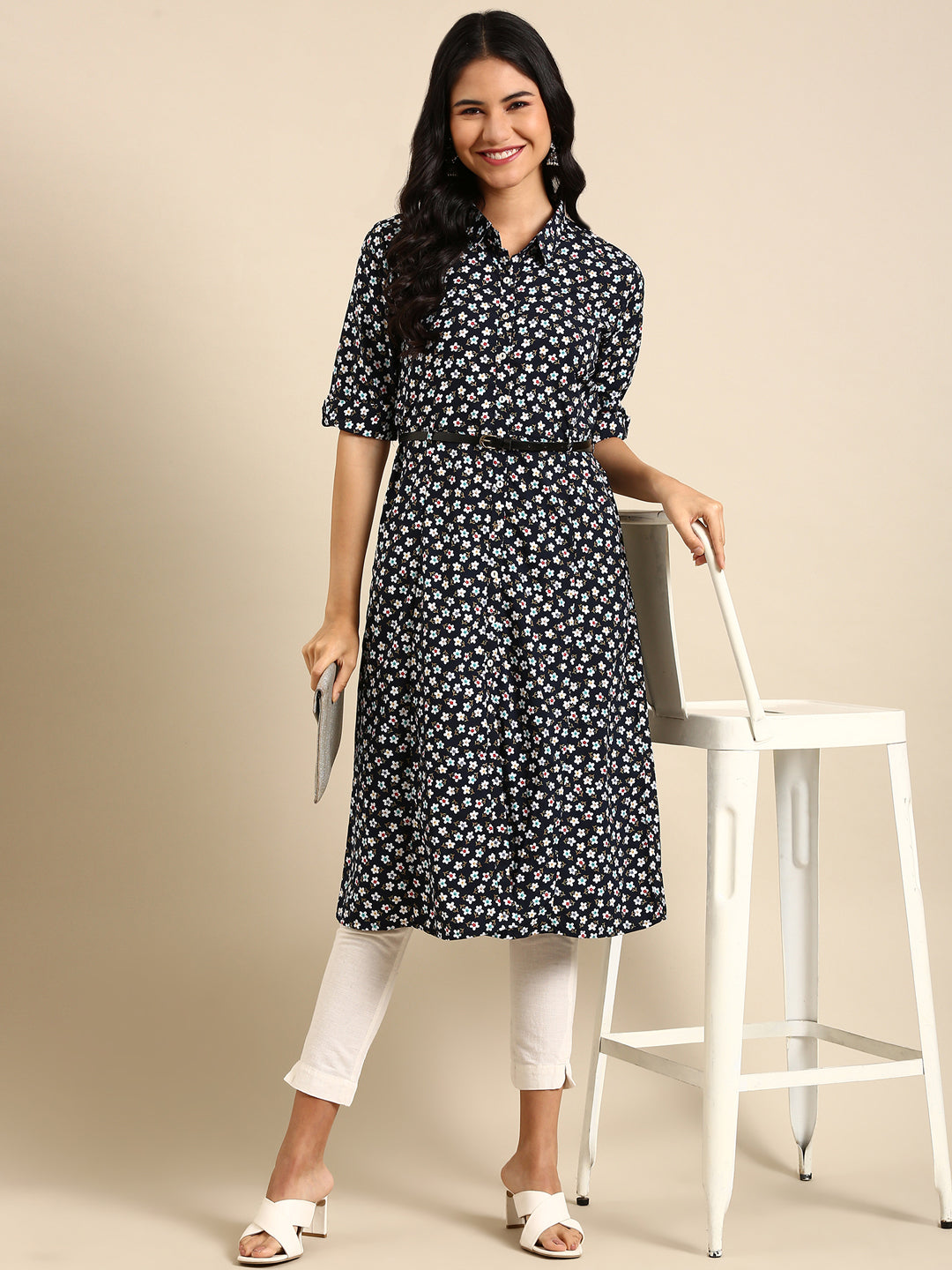 Women's Navy Blue Printed A-Line Kurta