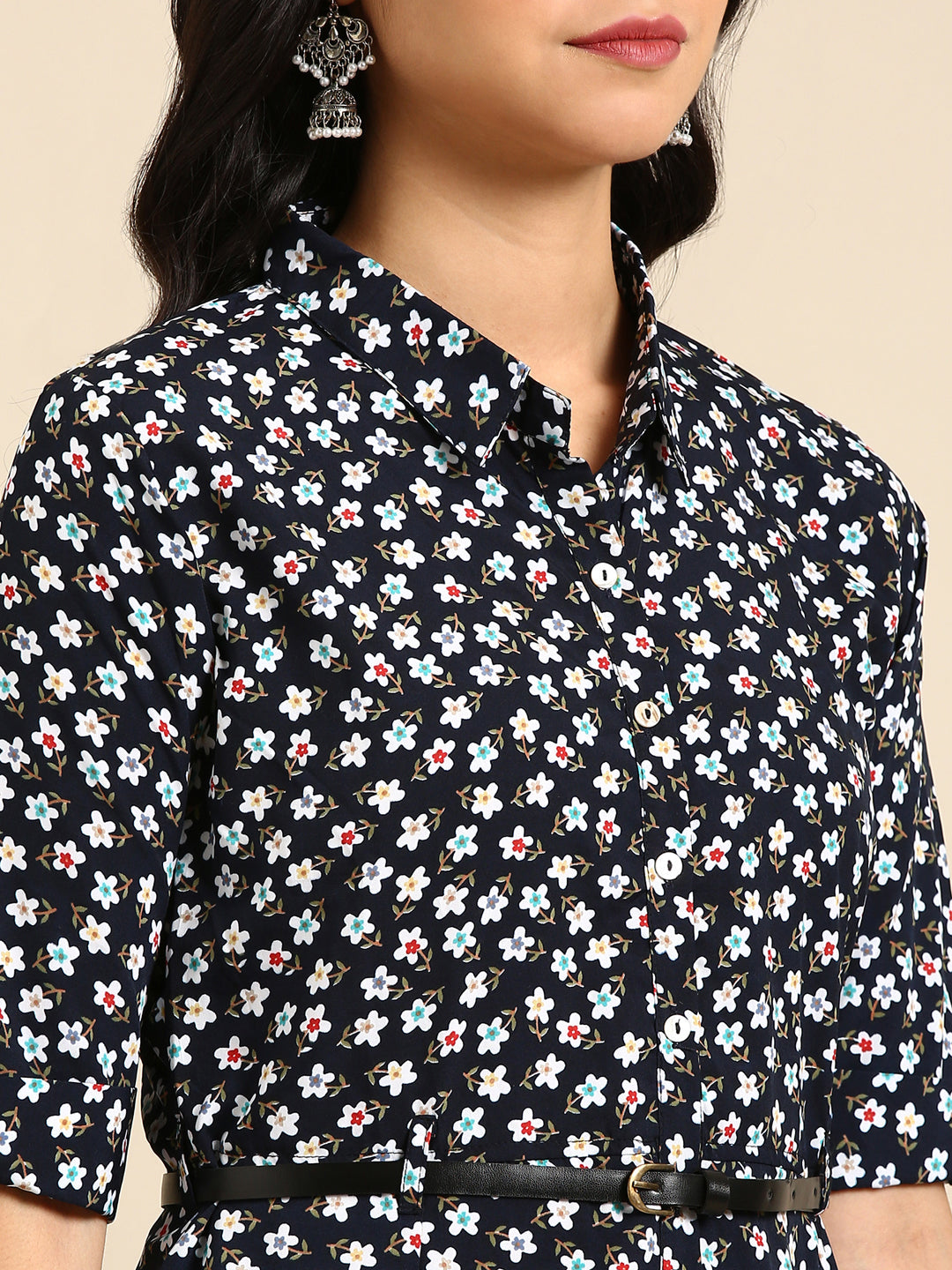 Women's Navy Blue Printed A-Line Kurta